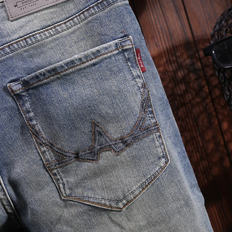 Fashion Designer Men Jeans High Quality Retro Blue Elastic Slim Fit Ripped Jeans Men Stretch Trousers Vintage Denim Pants Hombre