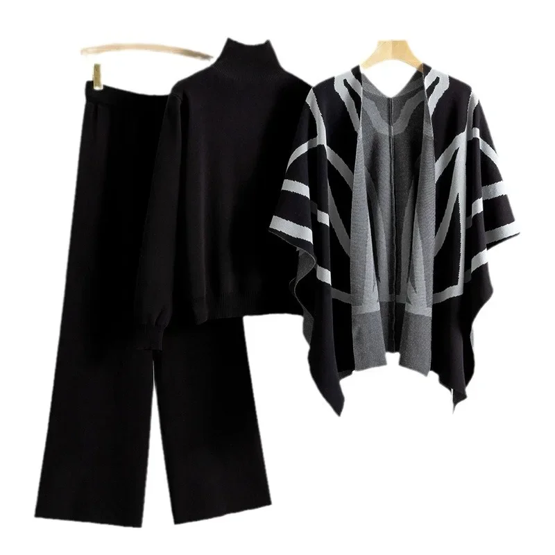 Офисный женский комплект из 3 предметов винтажный принт шаль пуловер свитер