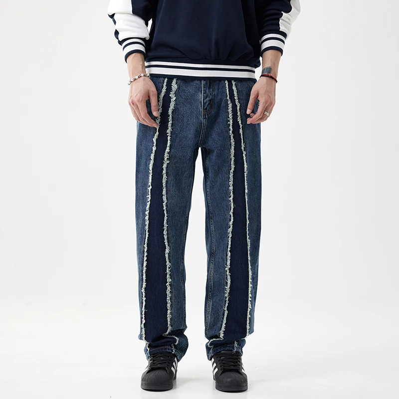Уличные модные полосатые Сращенные мужские джинсы Y2K повседневные черные