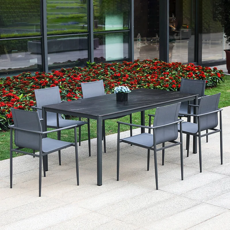 

Courtyard terrace furniture, tables and chairs, outdoor garden leisure restaurant, charcoal gray stainless steel outdoor dining