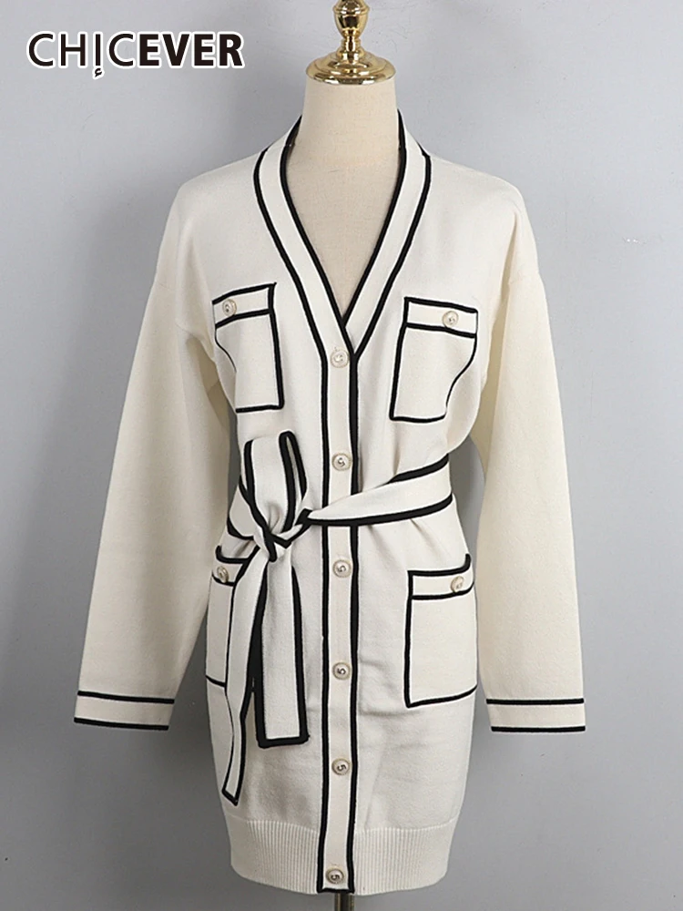 

Женский трикотажный кардиган CHICEVER, кардиган с v-образным вырезом, длинным рукавом и поясом в стиле пэчворк, элегантный осенний свитер для похудения