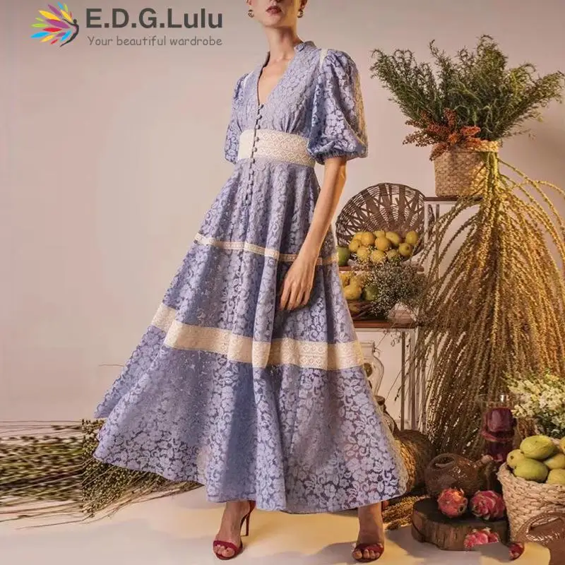 

Модное летнее платье EDGLuLu с V-образным вырезом и пышными рукавами, 2023, высококачественные роскошные длинные кружевные платья с вышивкой и цветочной вышивкой, 0707