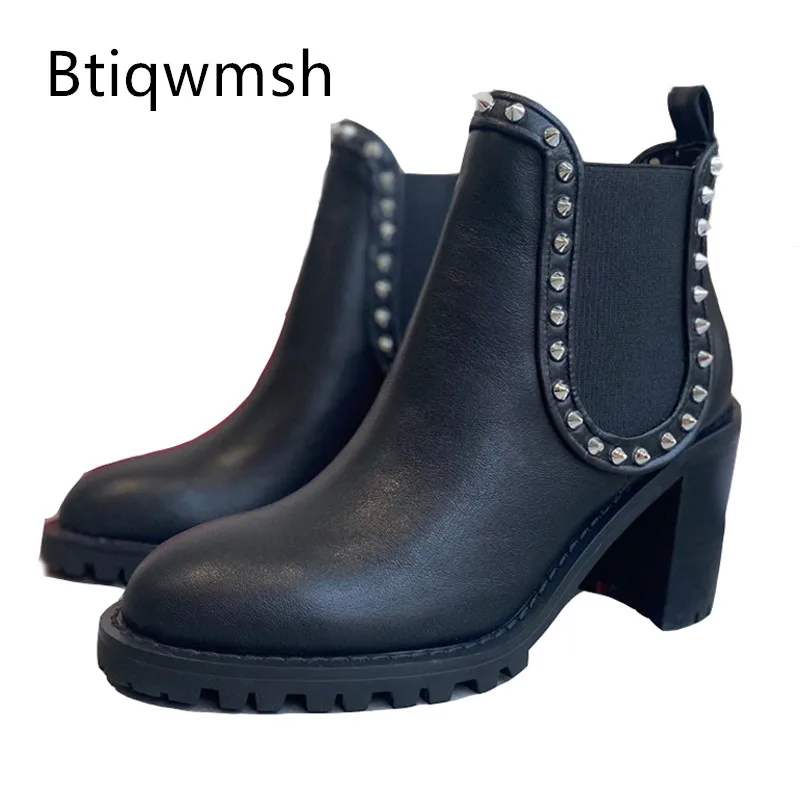 

Black Cow Leather Ankle Boots Woman Pointed Toe Rivet High Heels Shoes Woman Fashion Chelsea Boots
