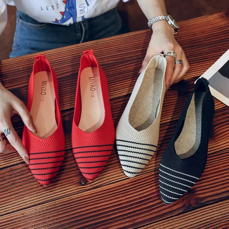 Slip on Mesh Loafers Breathable Stretch Ballet Shallow Flats Women Soft Bottom Pointed Toe Boat Shoes 35-40 Size 2022 New