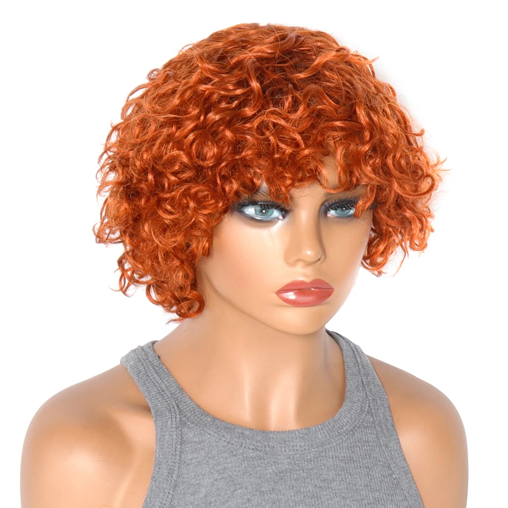 Peluca de cabello humano con corte Pixie para mujer, postizo de pelo corto y rizado con flequillo, #350