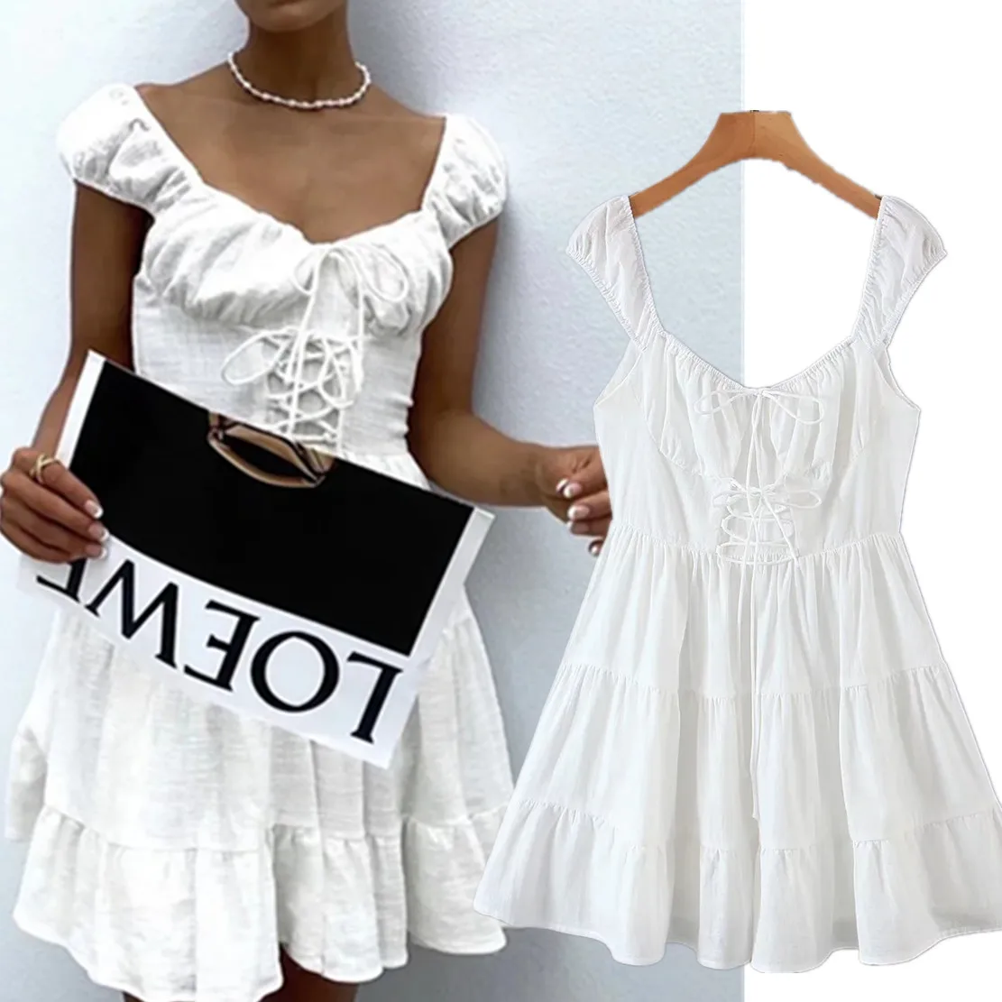 

Withered Indie Folk Morocco Vintage Summer Suspender Dress Slash Neck Sexy Beach Cotton Linen White Mini Dress Women