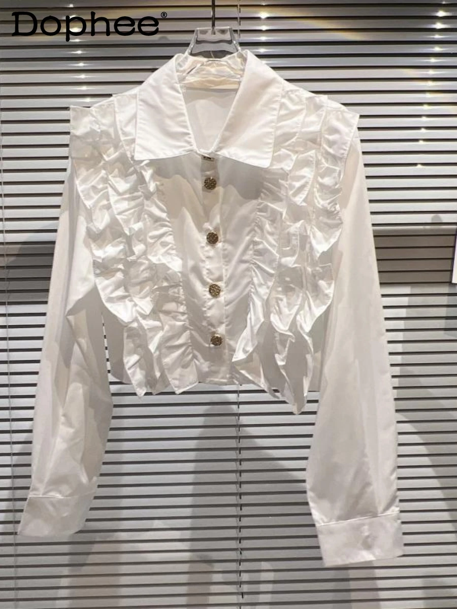 

2022 Early Autumn New Sweet Pleated Lace White Button Up Shirt Women Elegant High Sense Polo Collar Solid Long Sleeve Blusas Top