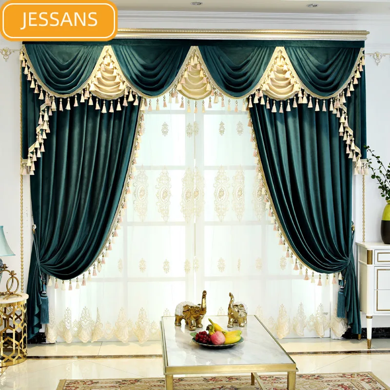 

European-style High-end Solid Color Velvet Stitching Blackout Curtains for Living Room Bedroom Custom Valance Finished Products