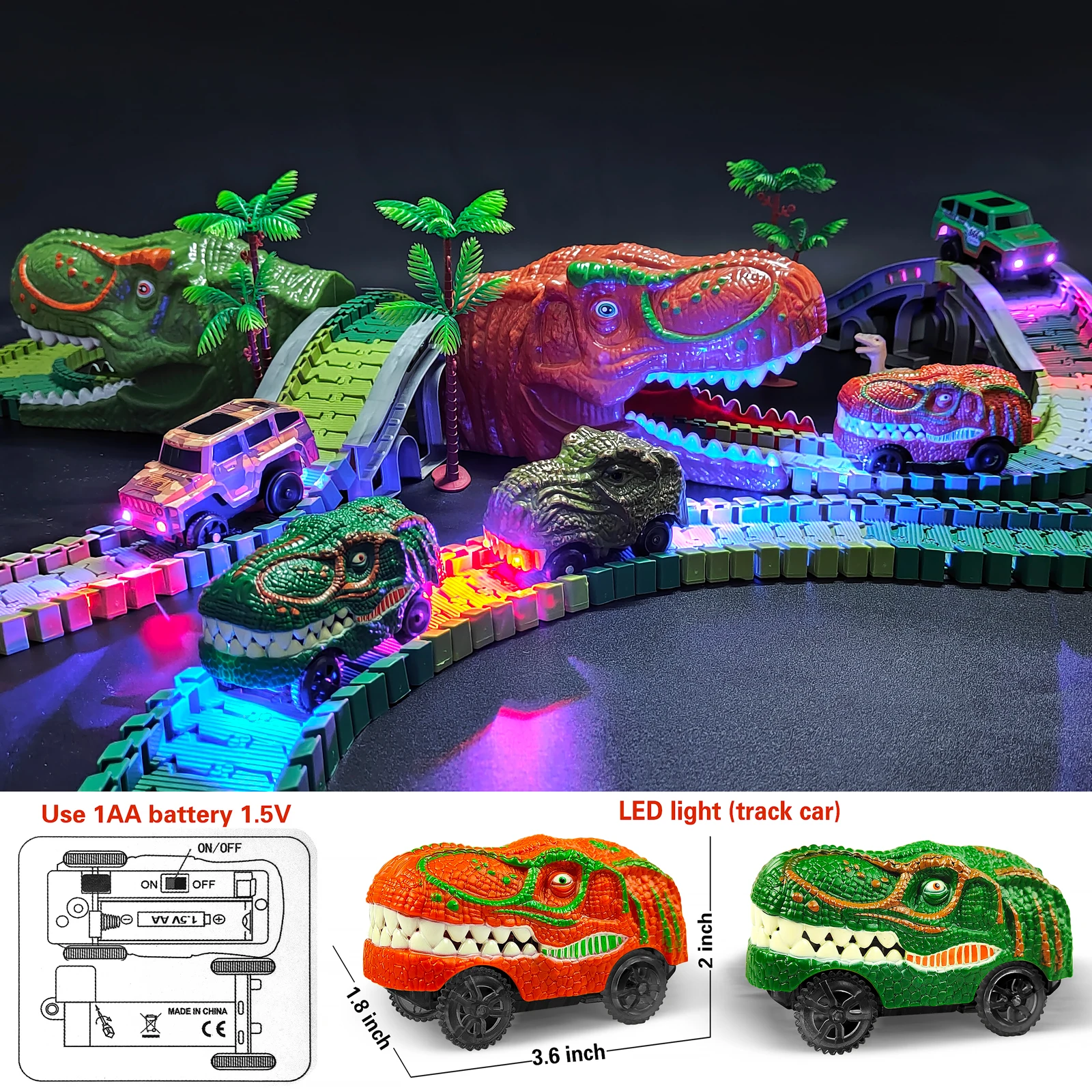 Railway Racing Track Play Set Educational DIY Bend Flexible Race Track Electronic Flash LED Light Car Dino Toys For Children images - 6
