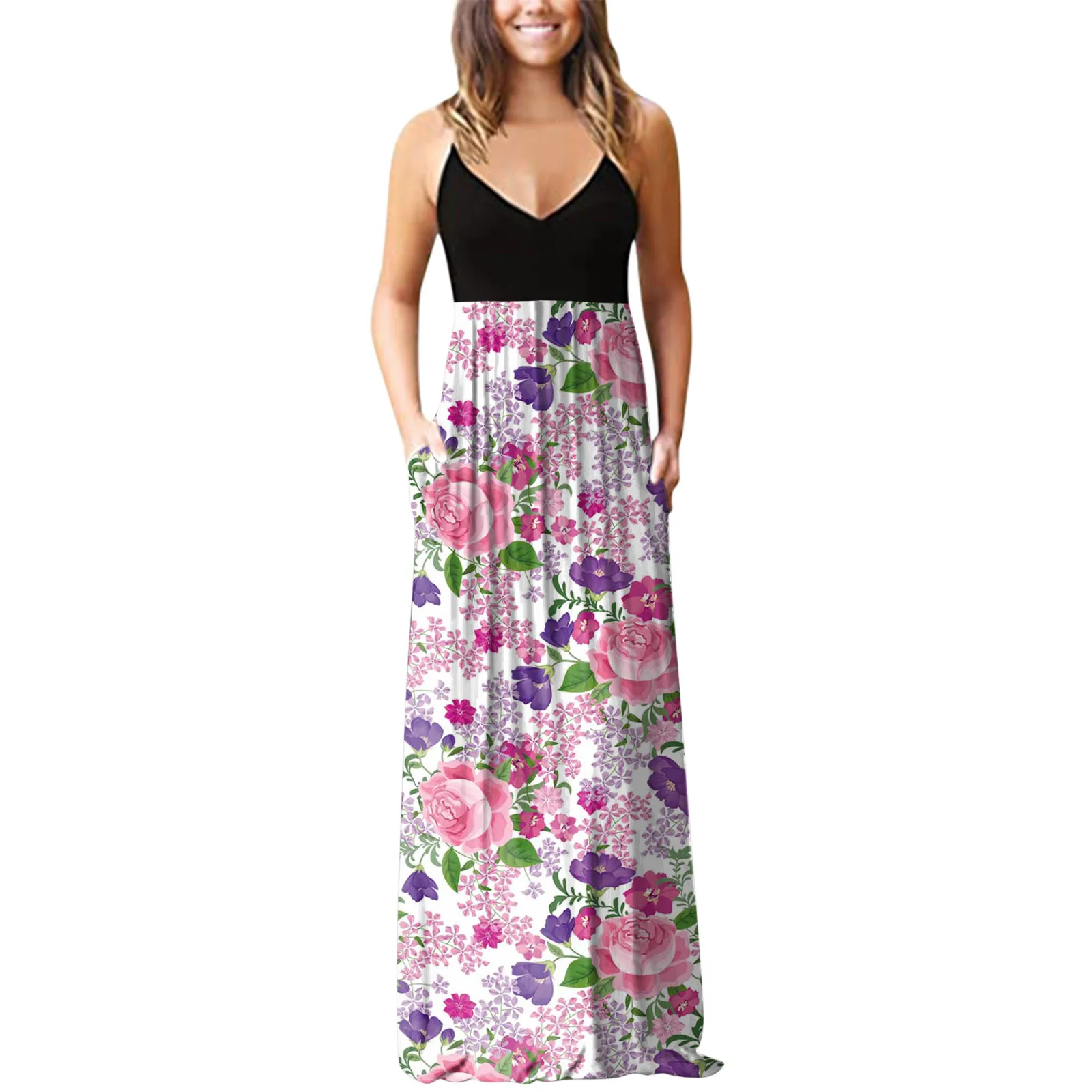 

Women's Sleeveless Pocket Casual Floral Printing Beach Long Maxi Loose Dress