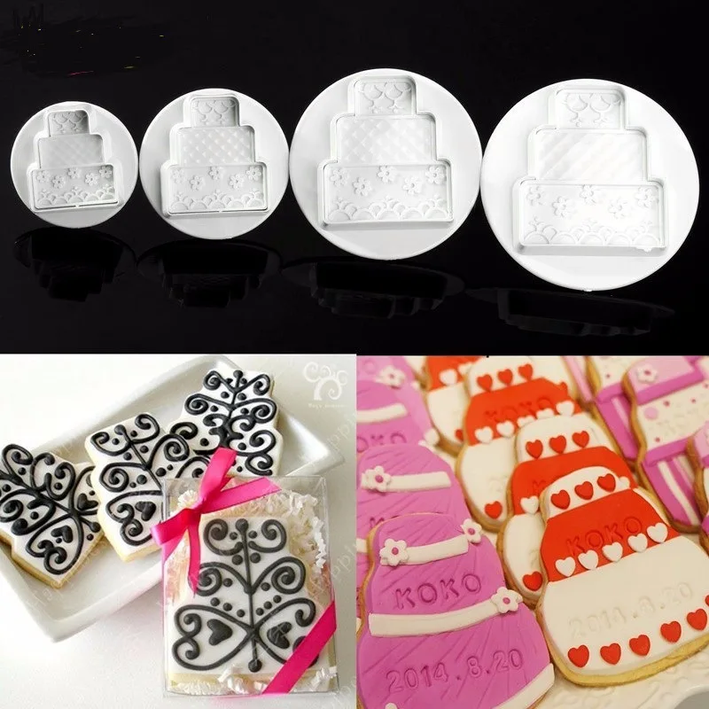 

4Pcs/Set Three Layers Birthday Cake Spring Plunger Biscuit Fondant Chocolates Cutter Cookie Mould Kitchen Baking Accessories