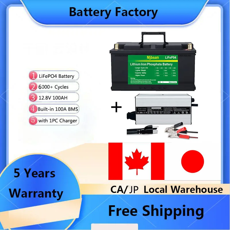 

Mjbsan 12V 100Ah Lithium LiFePO4 Battery, Built-in 100A BMS, Max 1280W , 6000+ Cycles ,for Off-Grid, RV, Solar with Charger