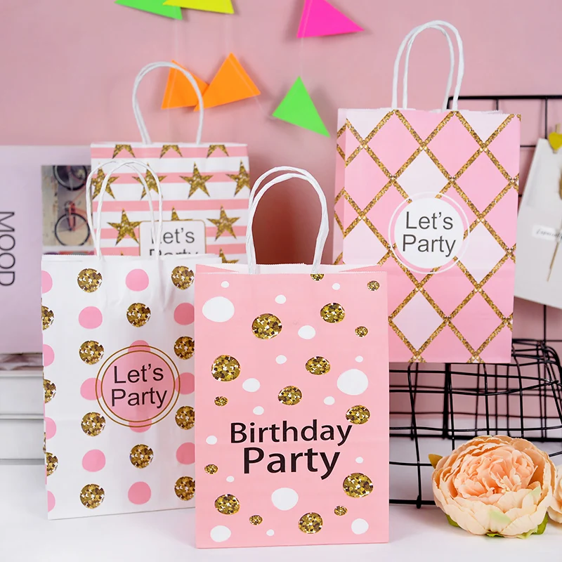 

5pcs Cute Pattern Gift Bag Packaging Handle Paper Storage Candy Cookie Bag Happy Birthday Let's Party Favor Box Bronzing Handbag