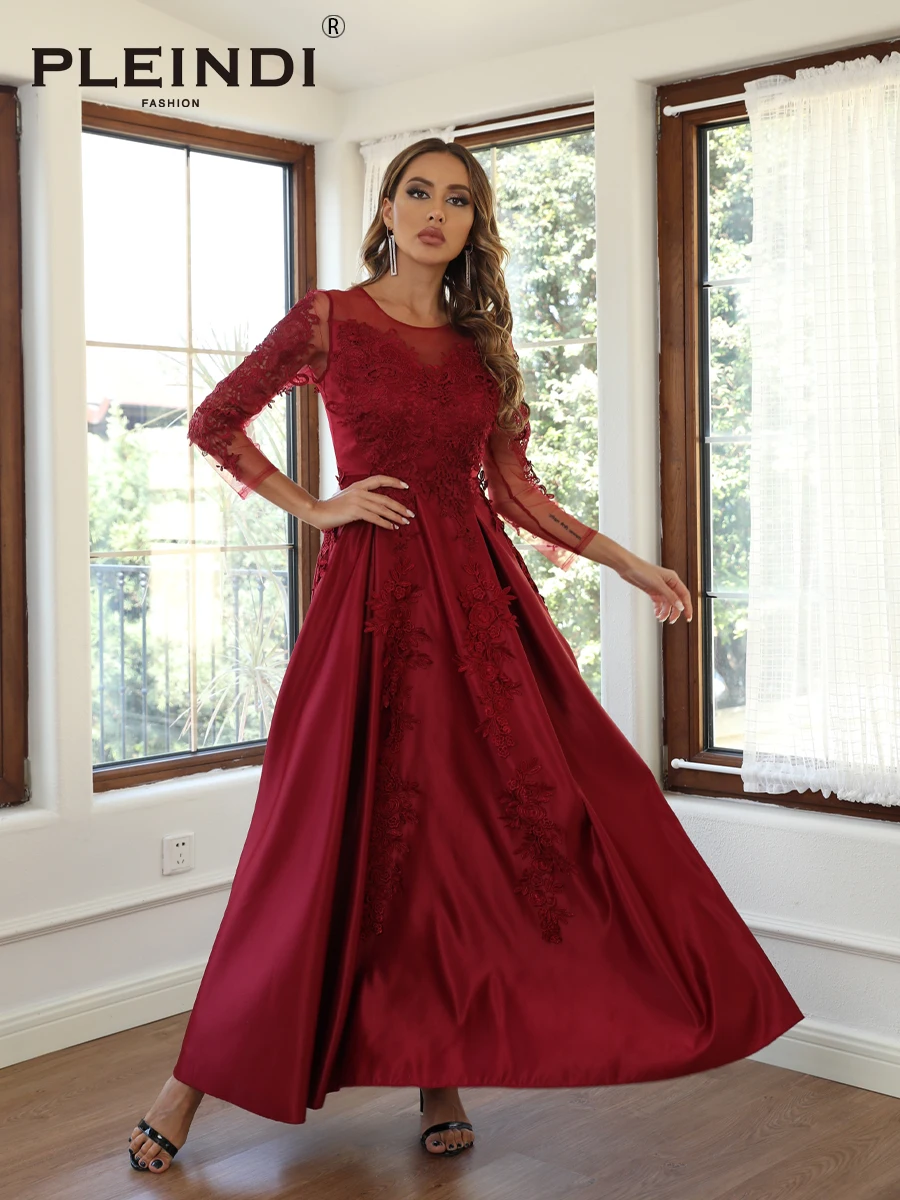 PLEINDI Vintage Party Women Dress Wedding Long Sleeve O-Neck 2022 New Elegant Lace Corduroy Burgundy Red Prom Evening Dresses