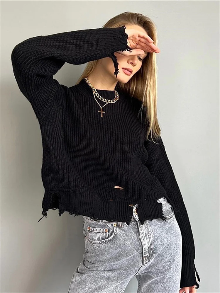 

2022 Autumn Tassel Knit Women Ripped Pullover Hole Hem Loose Casual Female Winter Fashion Sweater Long Sleeve Lady Jumper O-neck