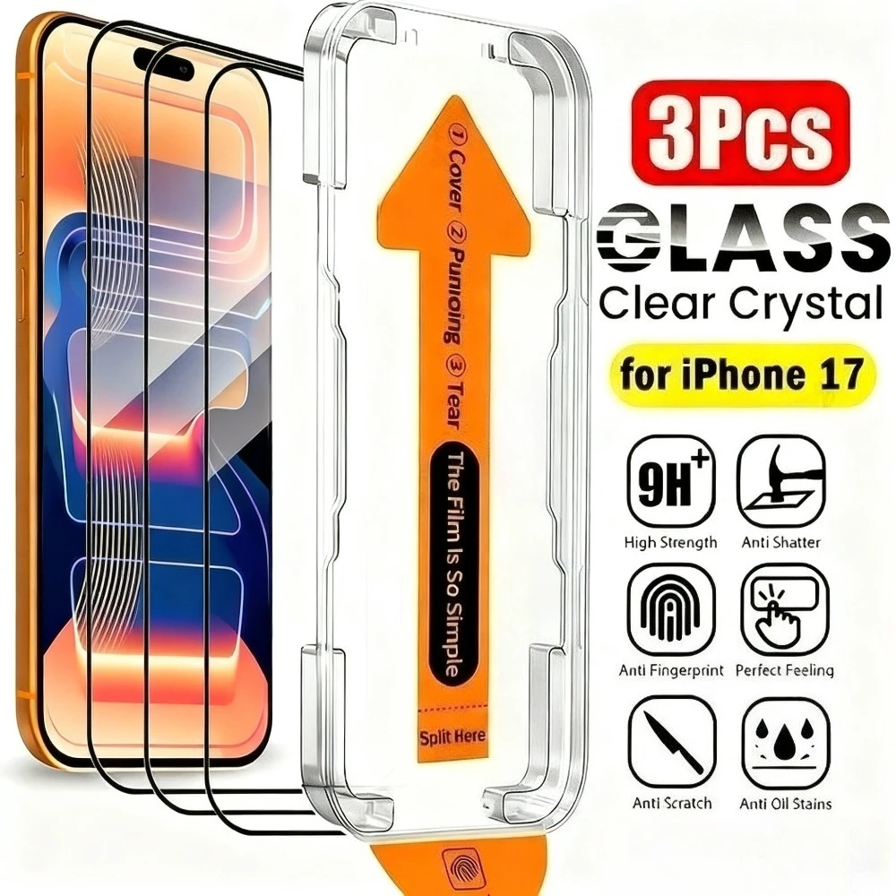 Фото 3 шт. закаленное стекло Ultra HD для iPhone 17 16 15 14 13 Pro Max Air 12 11 Pro 15 16 Plus XS XR One Click Установка защитной пленки для экрана №1