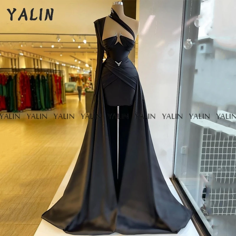 

YALIN Simple One Shoulder Party Dress Detachable Mermaid Evening Grown Beadings Floor Length Satin Formal Prom فساتين سهرة