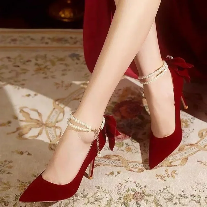 Красные свадебные туфли Xiuhe новые на высоком каблуке с острым носком женские