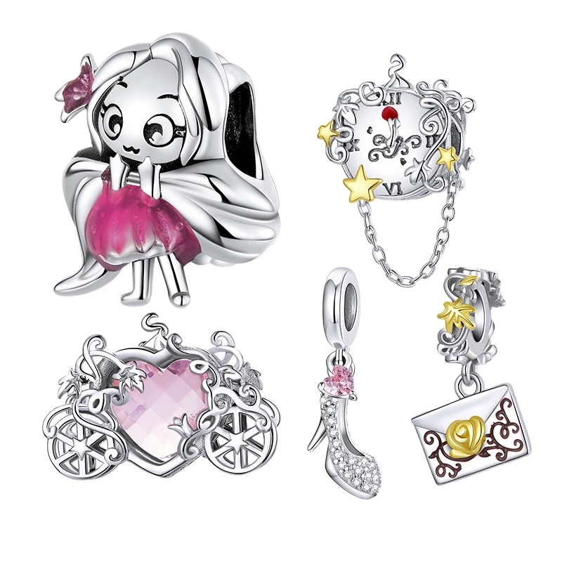 

WOSTU 925 Sterling Silver Pink Magic Carriage Fairy Princess Crystal Shoes Charms Beads Fit Origianl Bracelet Girl Birthday Gift