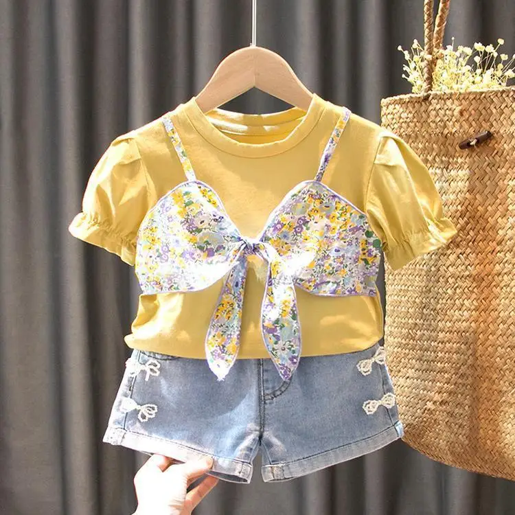 Girls Summer T-shirt Baby Korean Fashion Floral Short Sleeve Little Girl Cute Sling Bow Bottom Shirt Girls Shirts enlarge
