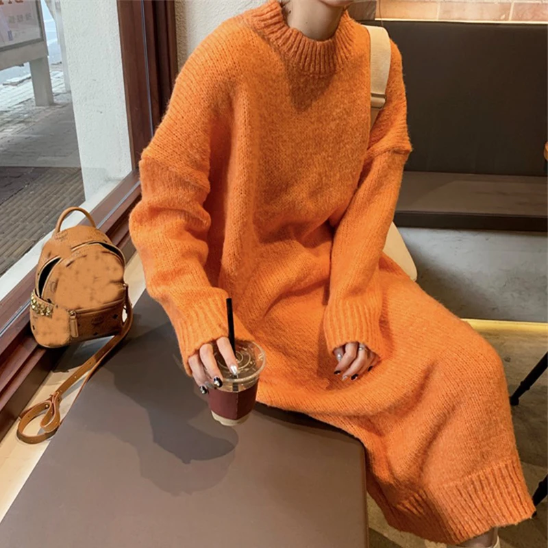 

Fashion Candy Color Orange Loose Knitted A-line Sweater Dress Women's Knitted Dresses Autumn Wild Female Pullover Sweaters Pink