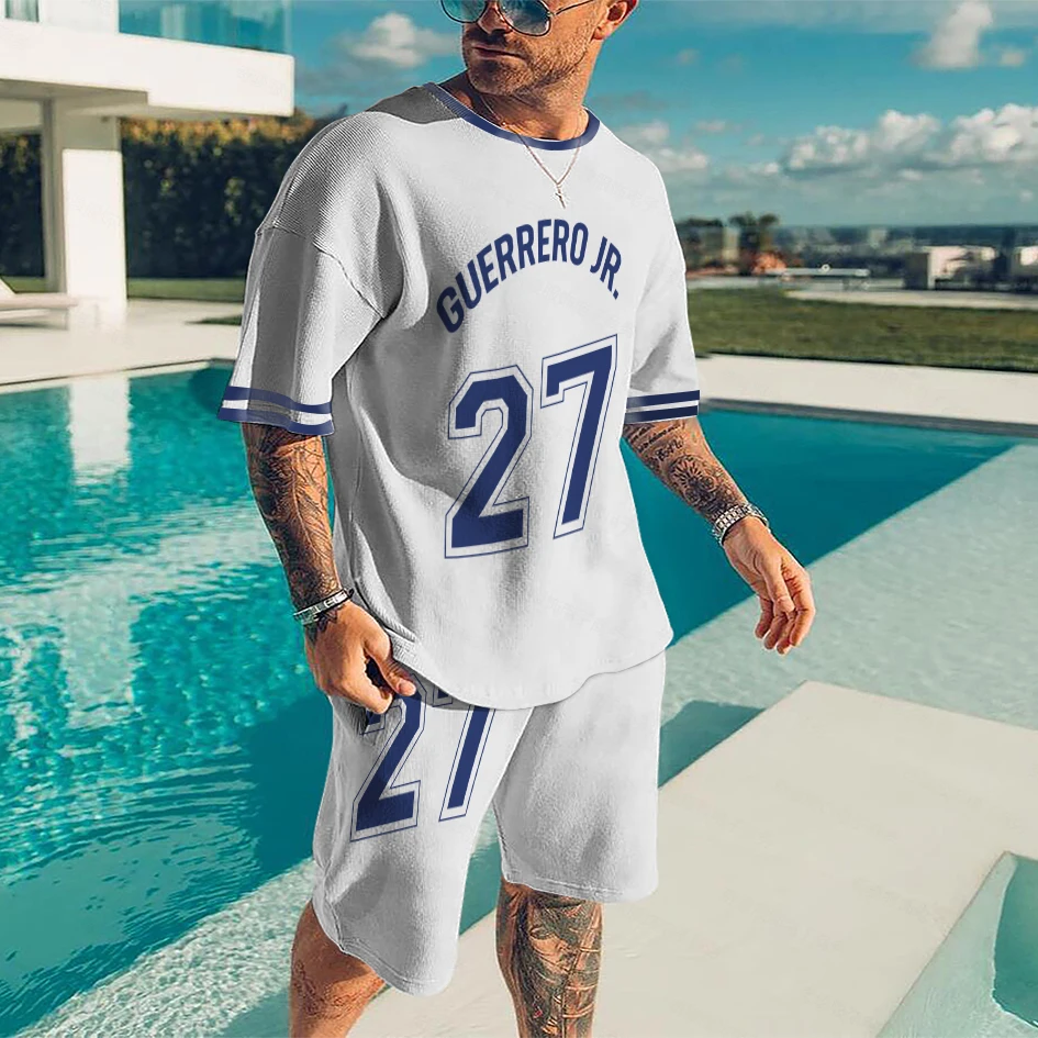 Summer Men's Casual Beach Shorts Set 3D Printed Color Digital Striped Crew Neck Street Short Sleeve Large Size Two-piece Set