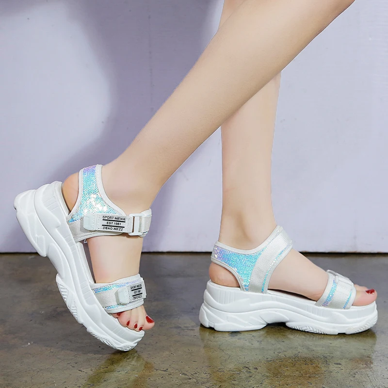 

Rimocy silver glitter high platform sandals women thick bottom comfortable hook loop summer shoes woman casual sandalias mujer