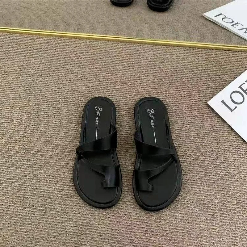 

2022 New Fashion Thick Bottom Flip Flops Cowhide Solid Color Beach Slippers Women Simple Casual Sandals Shoes Female Sandals