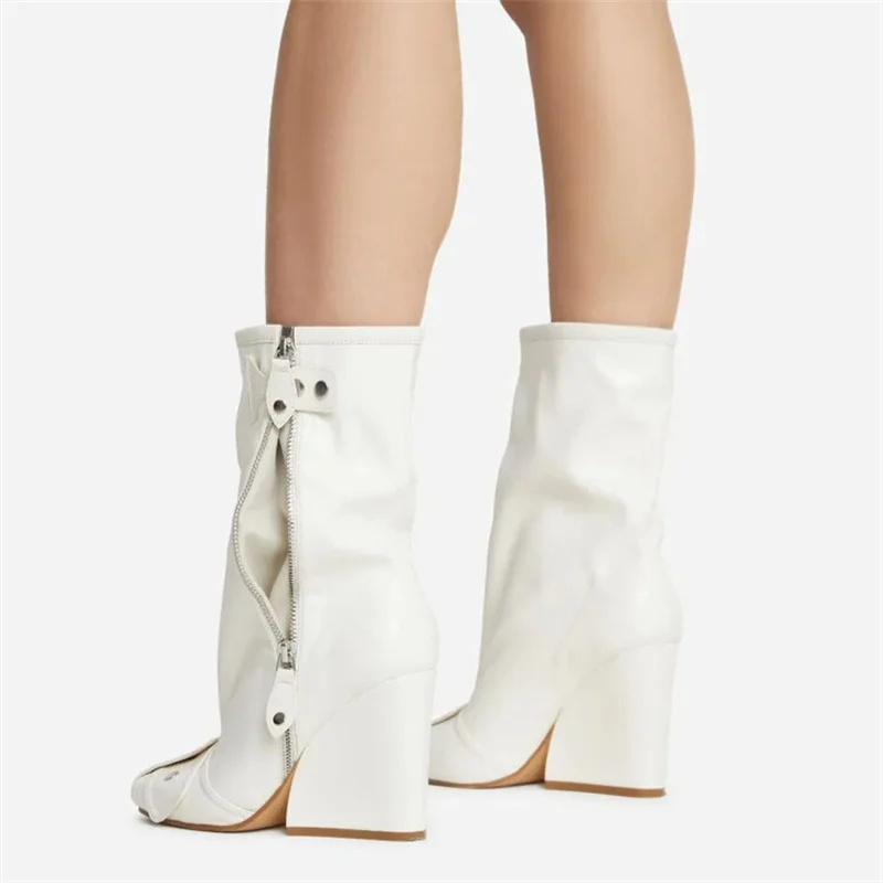 Top Quality Mixed Colors Mid Calf Boots Square Toe Crude Heel Buckle Zip Female High Heel Wedges Big Size 43 Booties Women Shoes