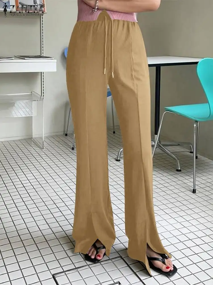 

Fashion Leisure Pants for Women Split Flared Pants ZANZEA 2022 Summer Elastic Waist Drawstring Lounge Pants Wide Leg Trousers 7