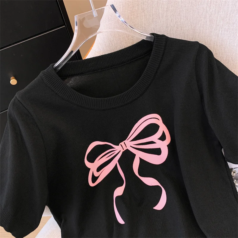 Женская тонкая футболка с коротким рукавом розовый вязаный короткий топ из