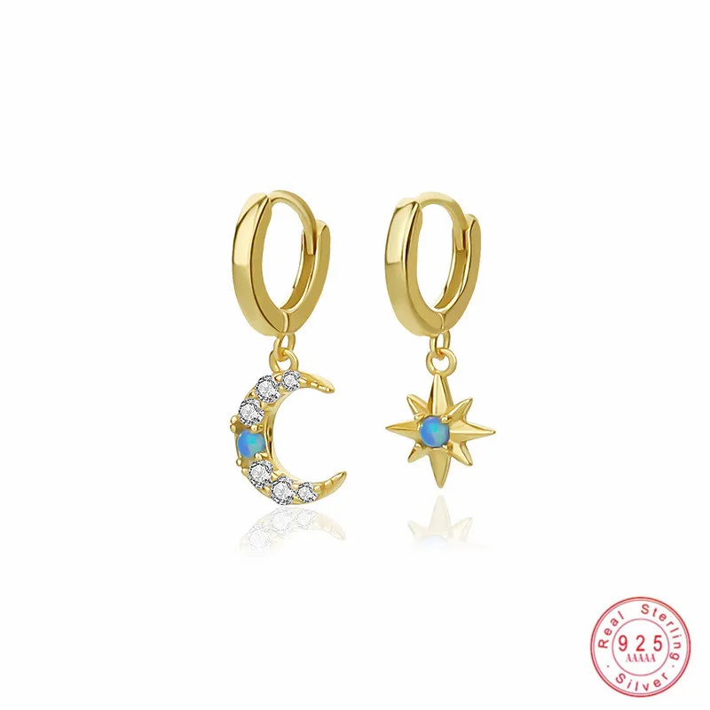 

925 Sterling Silver Inlaid Zircon Opal Star Moon Asymmetric Stud Earrings French Retro Fashion Fine Party Jewelry for Women