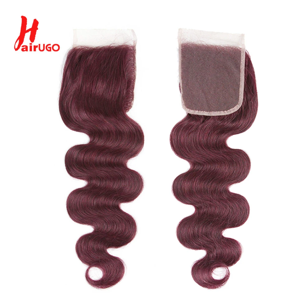 

HairUGo Brazilian 99J Body Wave Hair Closures 4X4 Lace Closure 10''-20'' 100% Human Hair Closure With Baby Hair Remy Hair