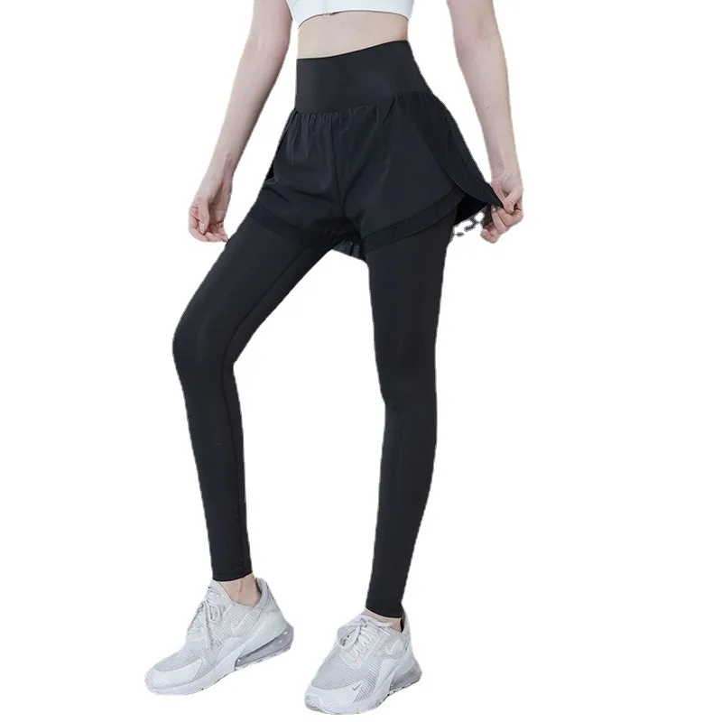 Women Spring And Summer Fitness Pants Fake Two Tight Yoga  High Waist Buttock Lifting Elastic Sports Running Trousers