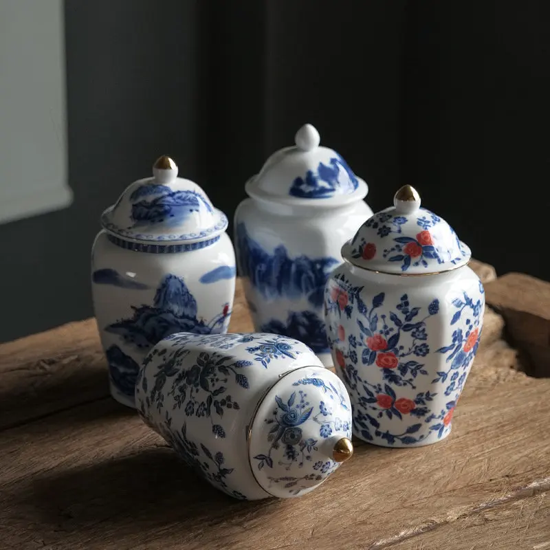 

Creative Ceramic Tea Pot Blue and White Porcelain Hexagonal Kitchen Seal Storage Jar with Lid Living Room Desktop Candy Jars