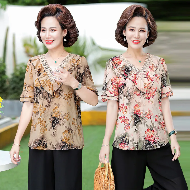 

Large Size short sleeve Sleeve Floral Print Chiffon Shirt Female V-neck Loose Stitching Lotus Leaf Sleeve Thin Blouse Wome