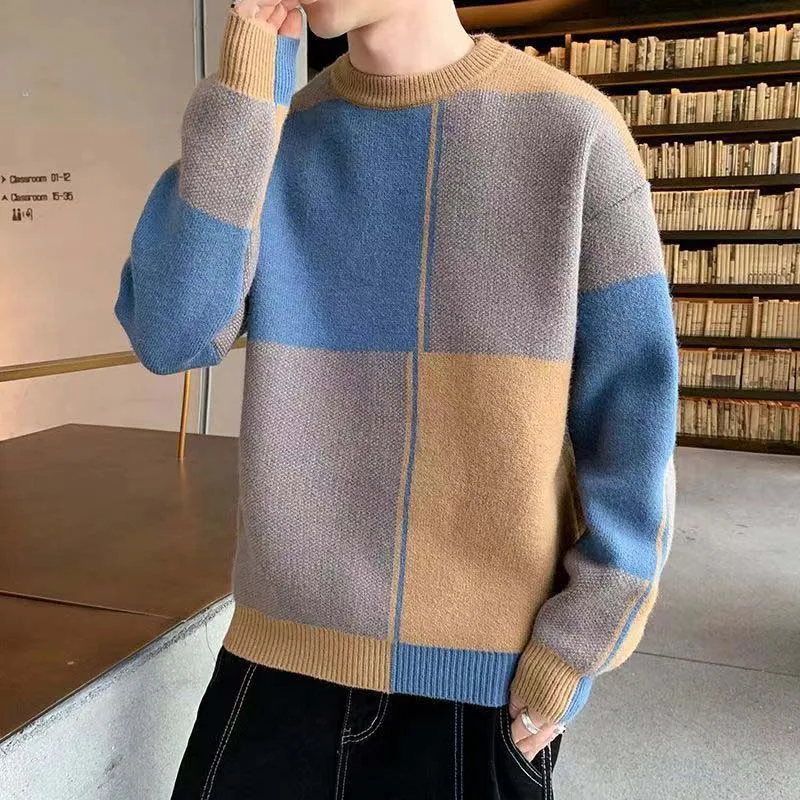 Autumn And Winter Sweaters Men's Crewneck Color-block Knitwear Loose Korean Men's Sweater For Men Winter Trend Thicker For Men W