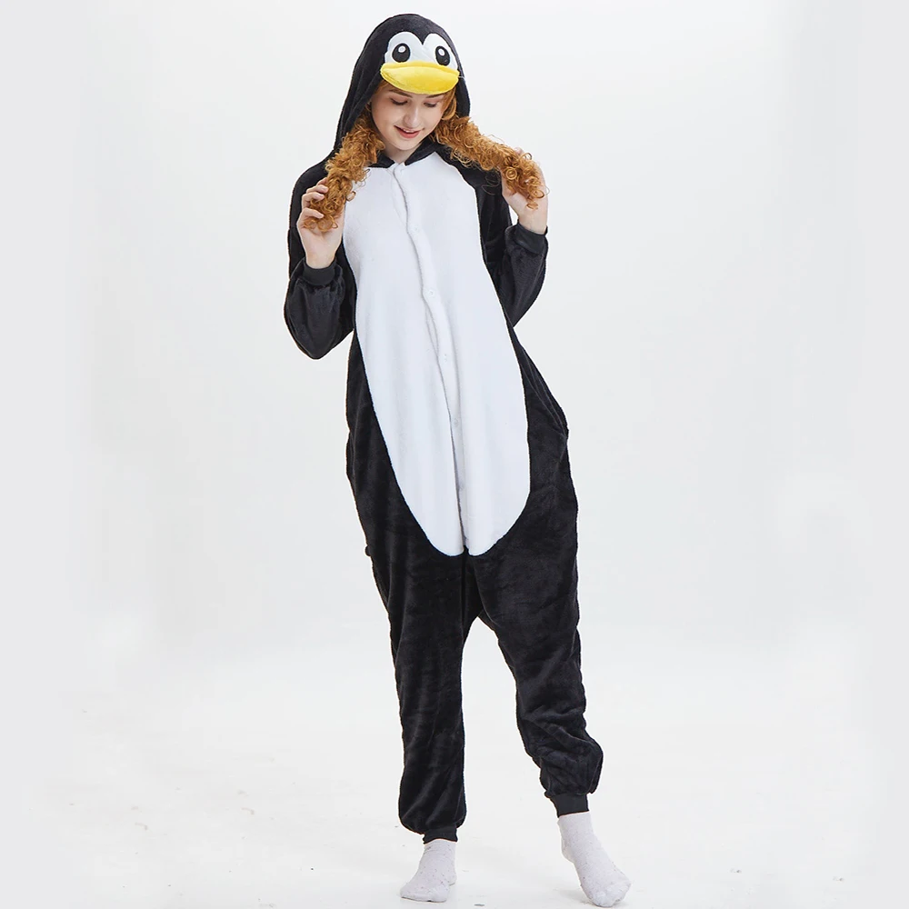Black Penguin Onesies Unisex Winter Adults Flannel Sleepwear Women Men Halloween Anime Costumes Animal Cartoon One-Piece Pijamas
