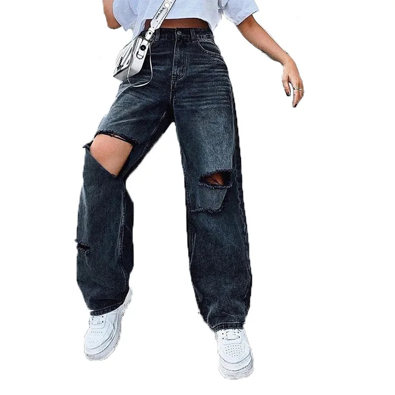 

New Ripped Women Jeans Wide Leg Cargo Pants Ladies Black Boyfriend Jeans High Waist Vintage Korean Baggy Trousers джинсы женские