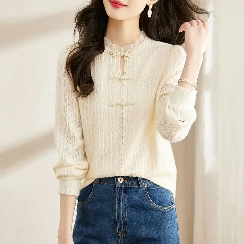 Женские блузки с рюшами M-5XL нежные винтажные китайские пуговицы утепленные