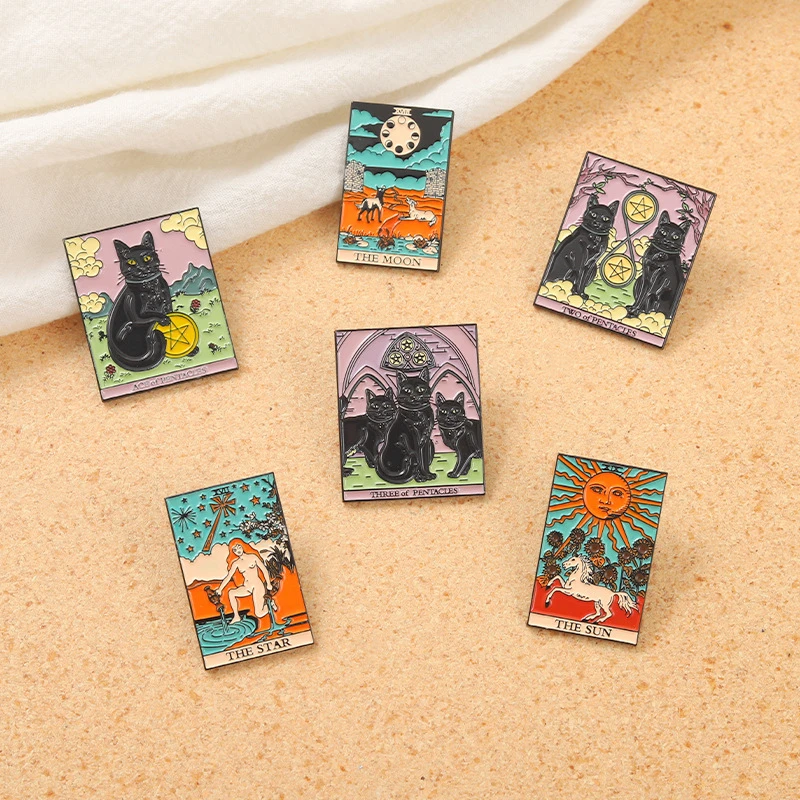 

Tarot Enamel Pins Custom Sun Moon Stars Gothic Mysterious Cat Brooches Lapel Badges Bag Punk Dark Witch Jewelry Gift For Kids