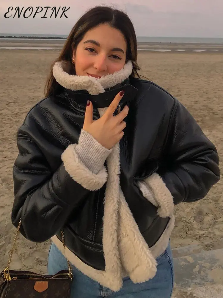 Women Thick Faux Fur Leather Shearling Jacket 2022 Winter Warm Coat Vintage Long Sleeve Flap Pocket Female Outerwear Chic Tops