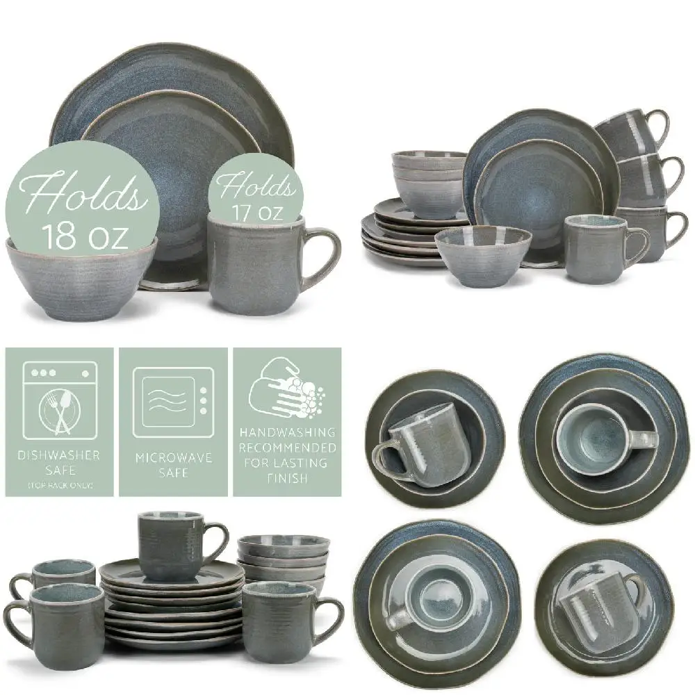 

Gorgeous Glaze Ceramic Stoneware 16 Piece Dinnerware Set for 4 - Soothing Ocean Teal Color.