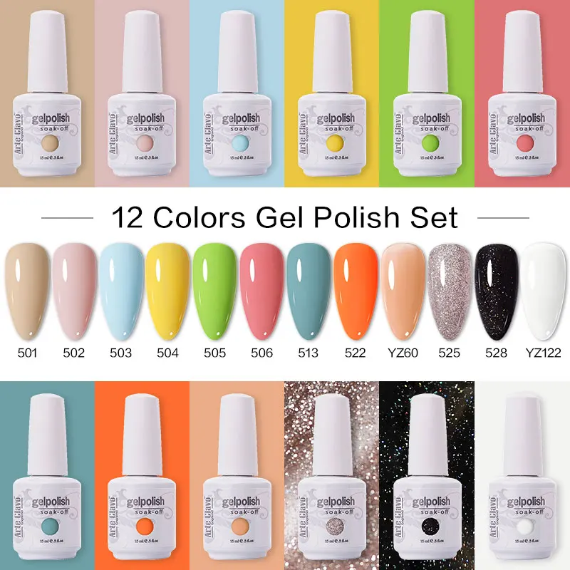 

Arte Clavo Gel Nail Polish Set 12 PCS/Kit Nails Art Design Glitter Color Gel Lacquer Soak Off UV LED Gellak Varnish For Manicure
