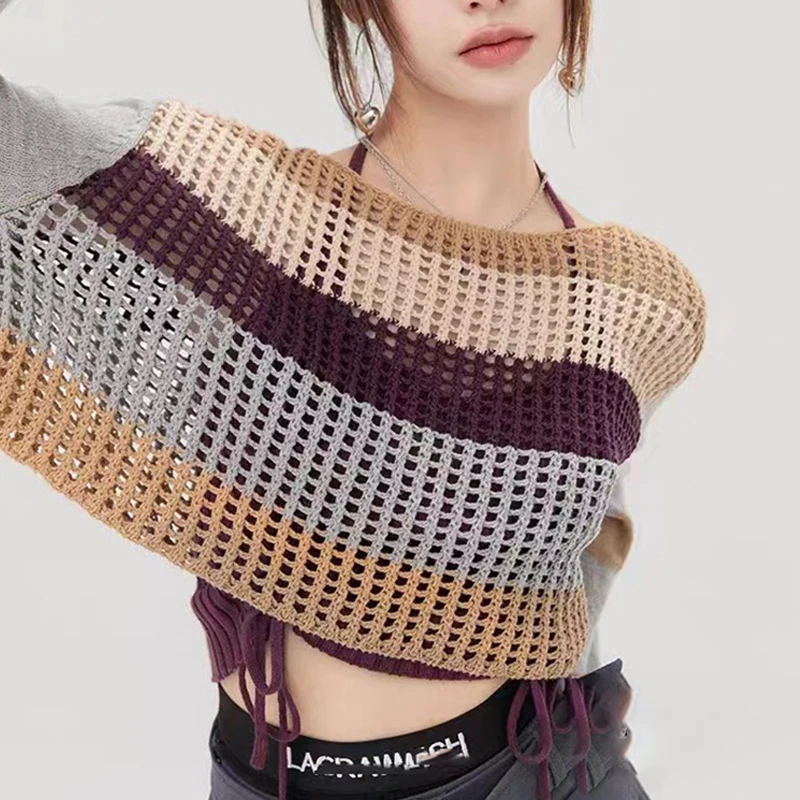 Винтажный цветной шикарный свитер с расклешенными рукавами пуловер круглым