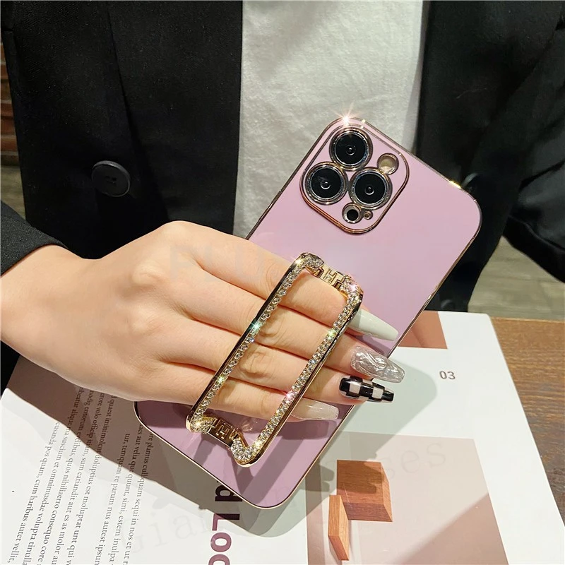 

For iPhone 13 Pro Max 11 12 Pro Max 13Pro Cover Glitter 3D Crystal Square Holder Gold Plating Phone Metal Holder Stand