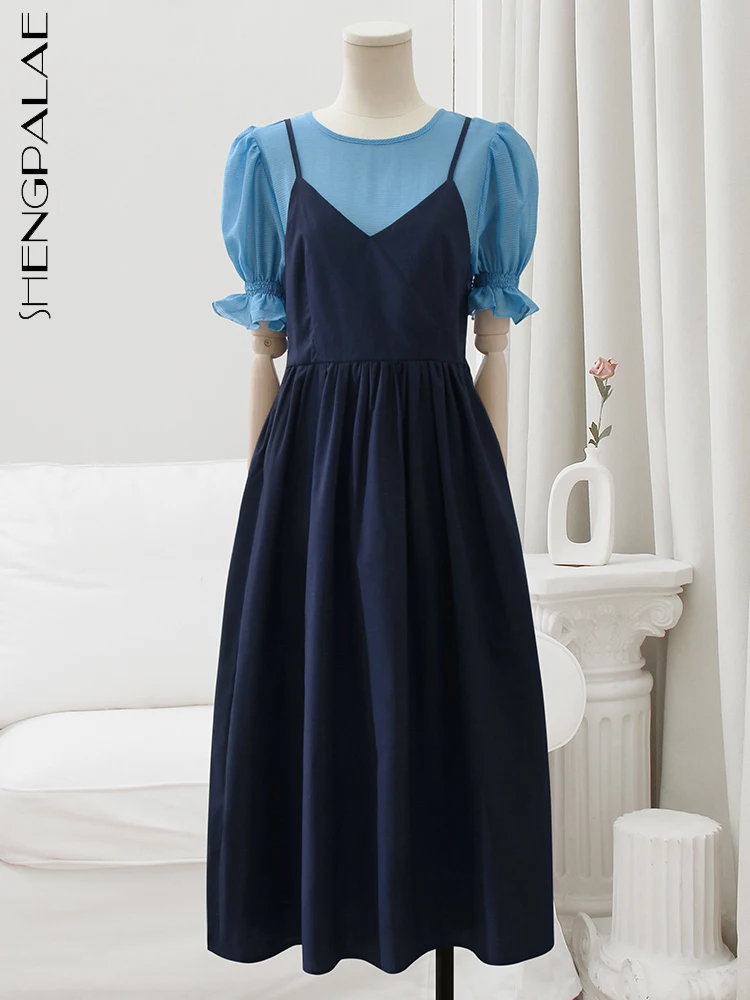 

SHENGPALAE Fake Two Piece Strap Blue Dress Women's 2023 Summer New Contrast Panel Medium Length Short Sleeve Fairy Dresses R2072