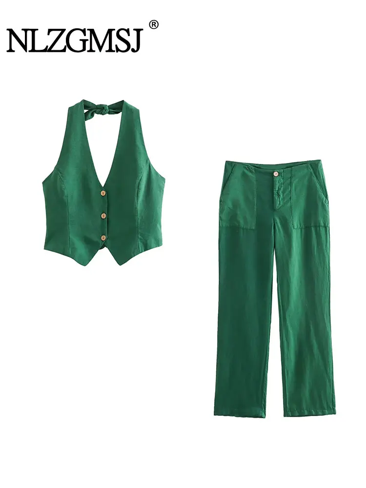 

Комплект из жилета и брюк Nlzgmsj TRAF, женские зеленые брючные костюмы, элегантный брючный костюм, женский повседневный деловой комплект из двух предметов