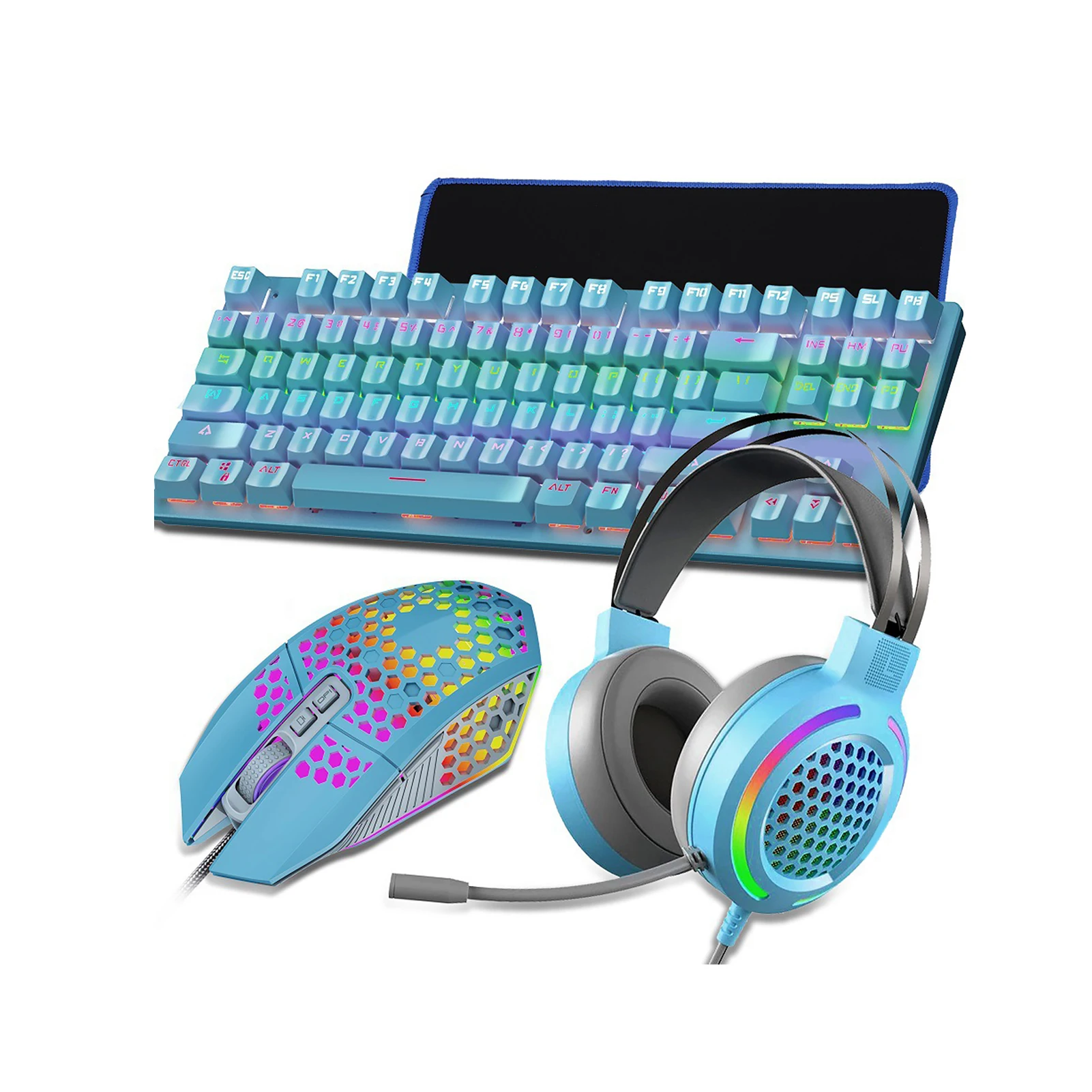 

Gaming Keyboard USB Wired PC Combo PBT RGB Backlit 87 Keys With Mouse Headphone Pad Mute Office Mechanical Gift