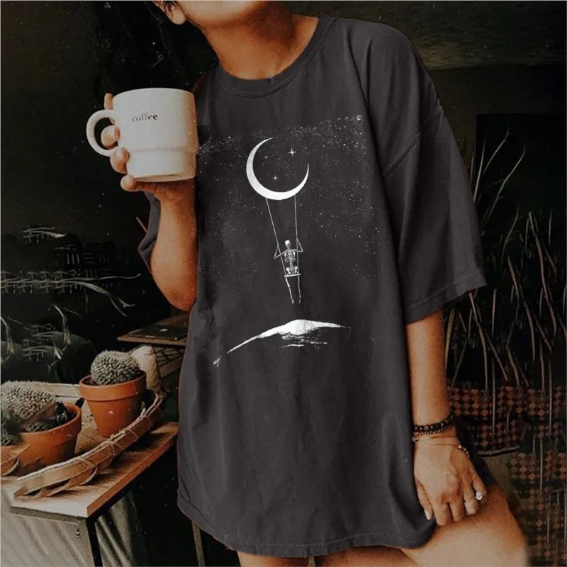 

Fantasy Lonely Romantic love Skeleton T-shirt Women's Printed Casual Retro Women's Top Summer Loose Female Tees